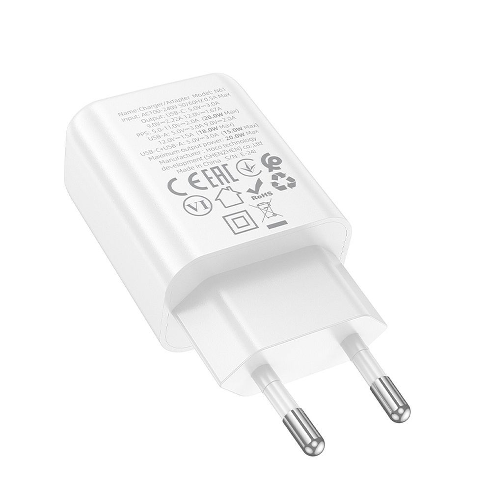 Phone charger Hoco USB A + USB C QC3.0 PD 3A 20W N61 white