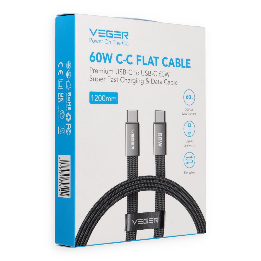 Flat cable Type C to Type C VEGER PD 3A 60W CC06-MTB 1,2 m black