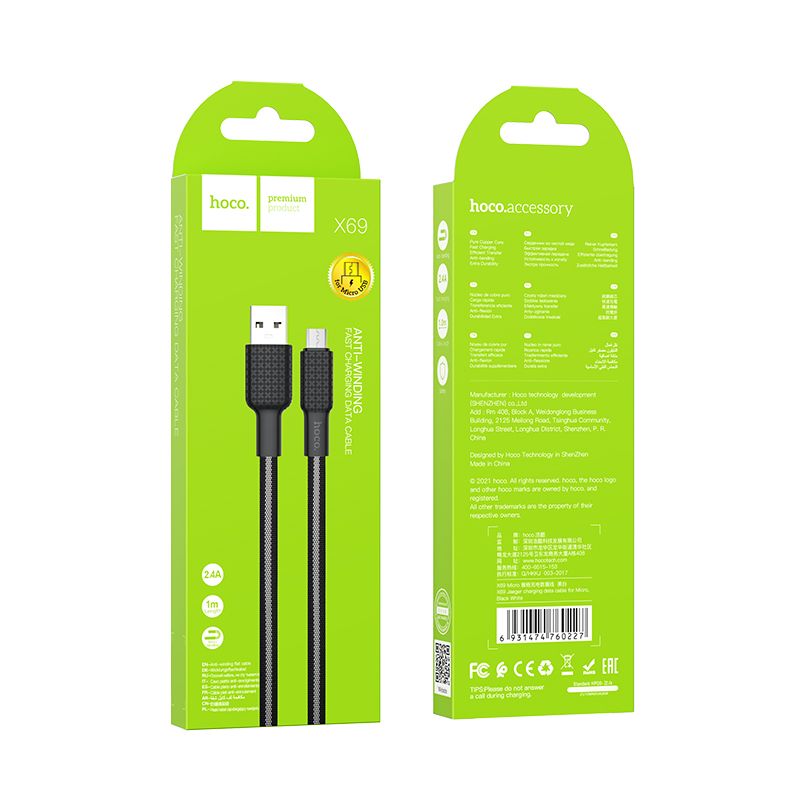 Kabel USB A do Micro USB Hoco 2,4A 1 m X69 czarno biały