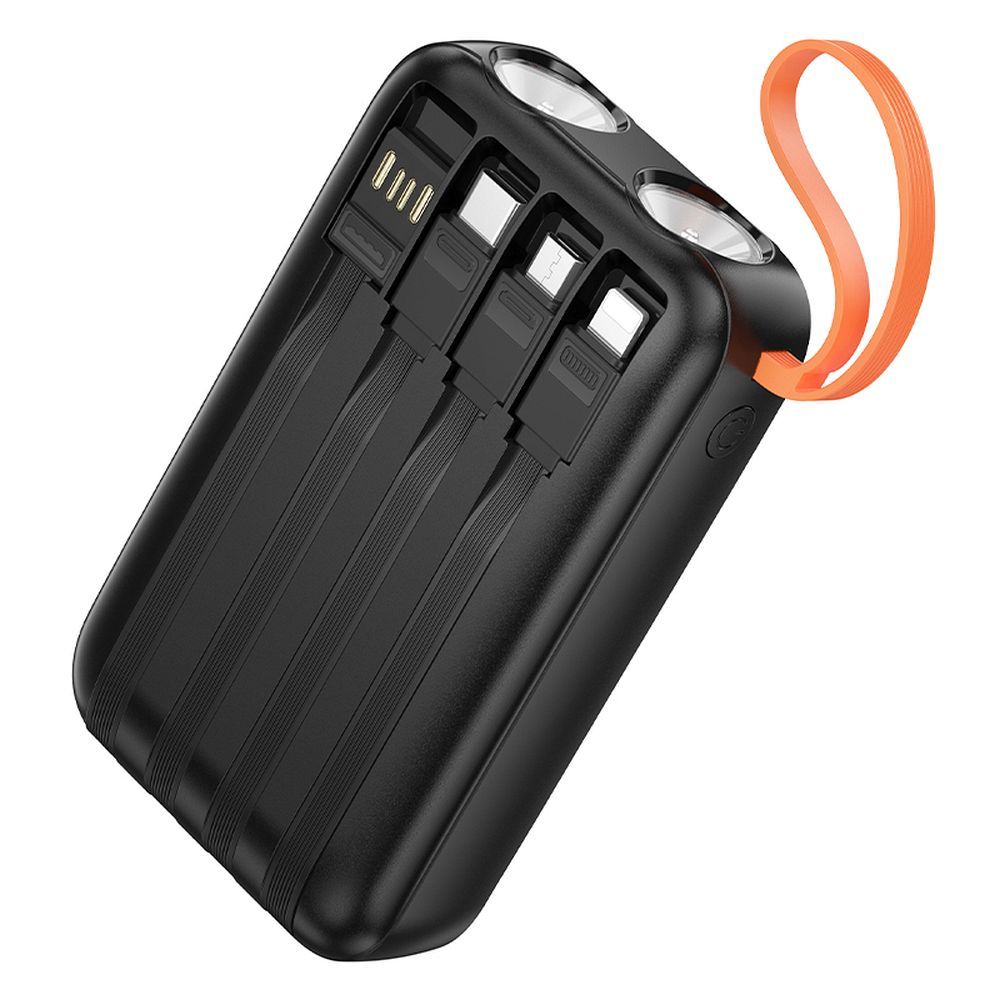 Powerbank Hoco 10000 mAh 2A with built-in cables USB A + USB C+ Lightning + Micro USB and double light J151 black