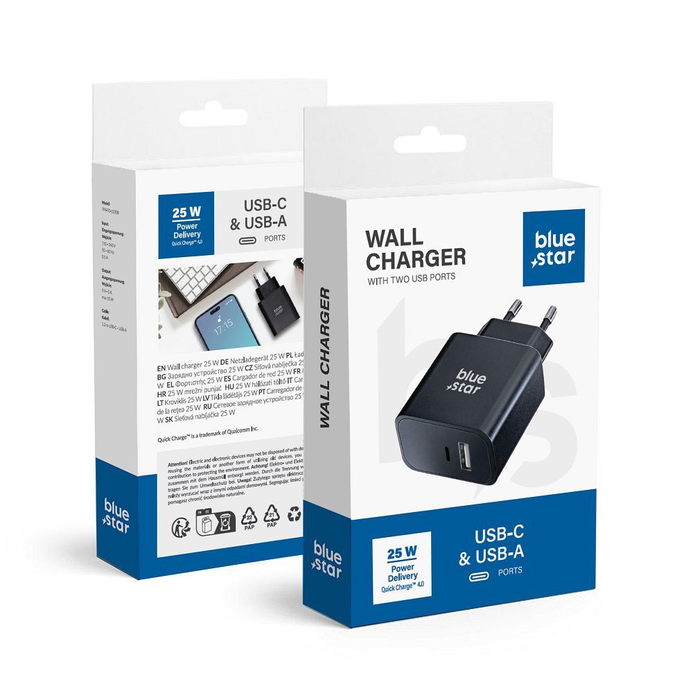 Halozati tolto Blue Star USB C + USB A QC4.0 PD 3A 25W TFB-TC-25WPD fekete