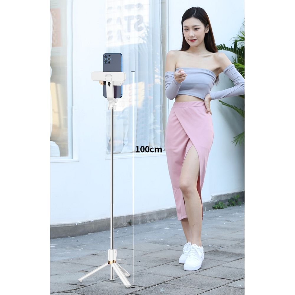 Uchwyt selfie z pilotem bezprzewodowym tripod z LED SSTR-20 biały