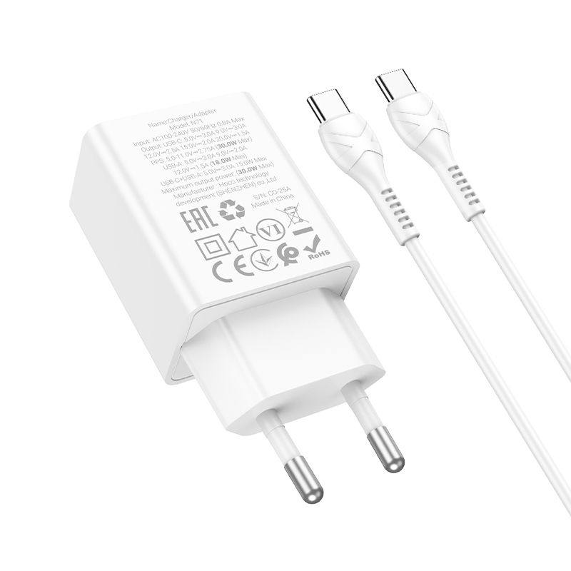 Phone charger Hoco USB A + USB C QC3.0 PD AFC 3A 30W + cable USB C to USB C N71 white