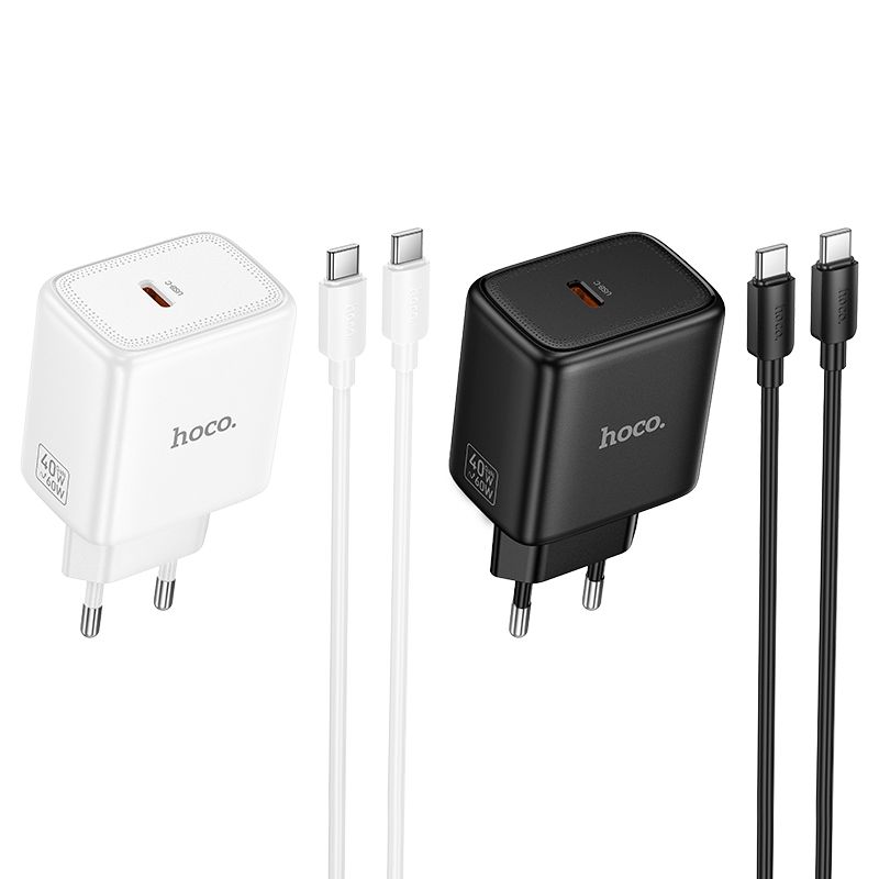 Phone GaN charger Hoco USB C PD AVS 40W max 60W with USB C to USB C cable N83 white