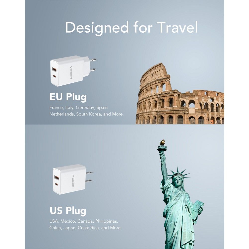 VEGER ładowarka sieciowa USB A + Typ C PD QC3.0 3A 30W VLS302U biała