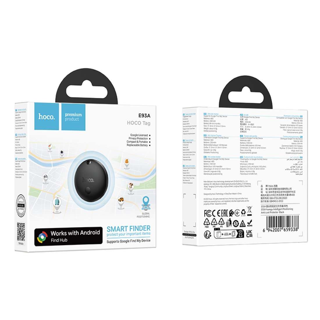 A Google „Find My Device” szolgáltatással kompatibilis Hoco E93A helymeghatározó, fekete