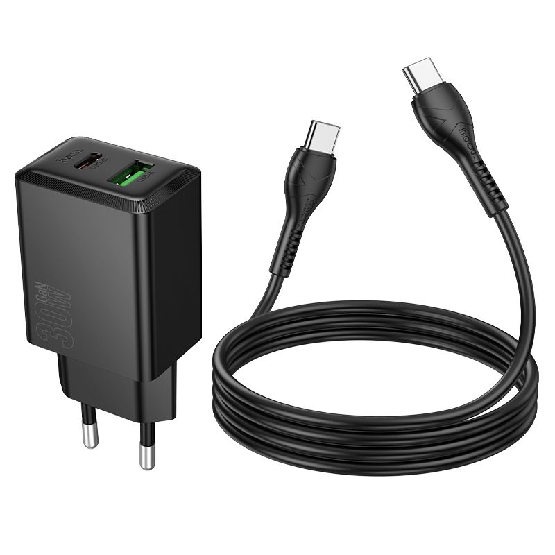 Phone charger Hoco USB A + USB C QC3.0 PD AFC 3A 30W + cable USB C to USB C N71 black