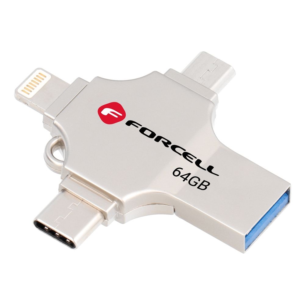 Pendrive 64GB USB 3.2 Gen 1 (USB A / USB C / Lightning / Micro USB) Forcell F-Data Metal Quad silver