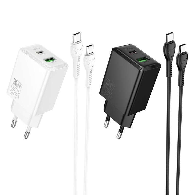 Phone charger Hoco USB A + USB C QC3.0 PD AFC 3A 30W + cable USB C to USB C N71 white