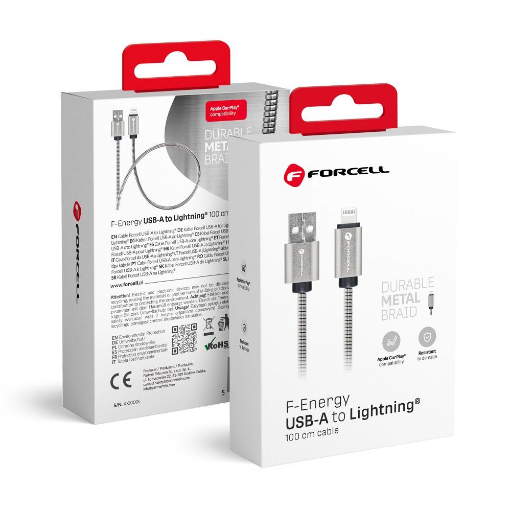 FORCELL F-ENERGY Metal C236 cable USB A to Lightning 2,4A 12W 1 m silver