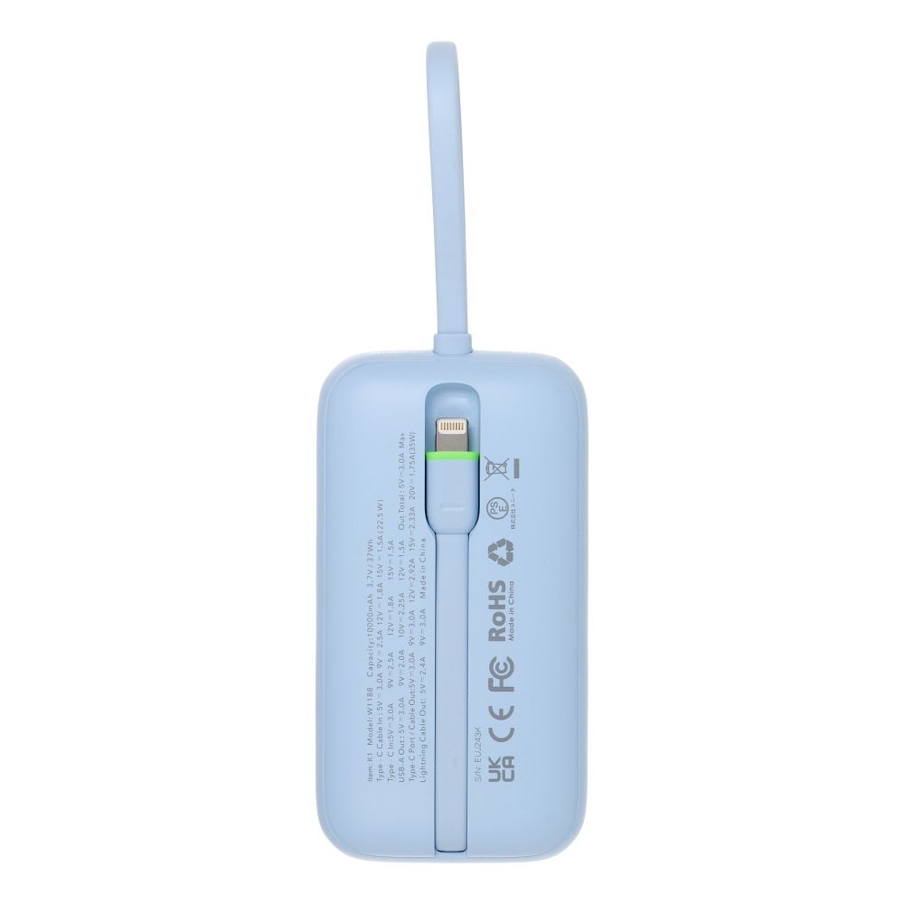 Powerbank Veger K1 (W1188) PD QC3.0 35W 10000 mAh with built-in USB-C cables / Lightning blue