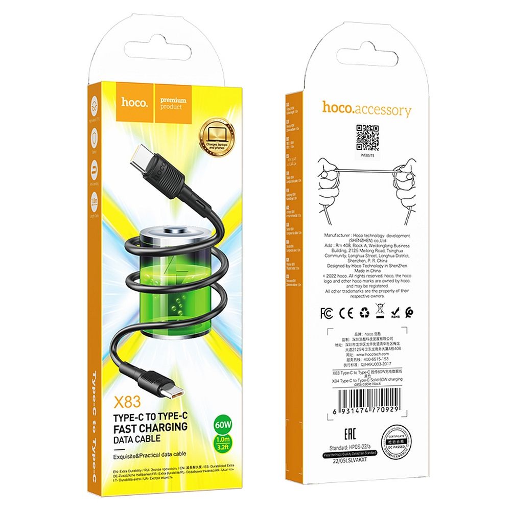 Kabel USB C do USB C Hoco PD 3A 60W 1 m X83 czarny