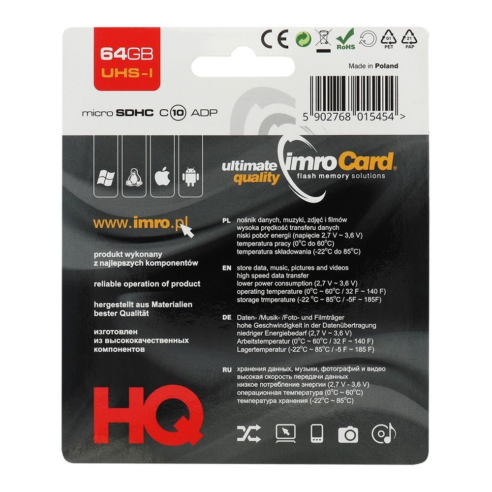 IMRO karta pamięci microSD 64GB 100MB/s class 10 UHS I z adapterem SD