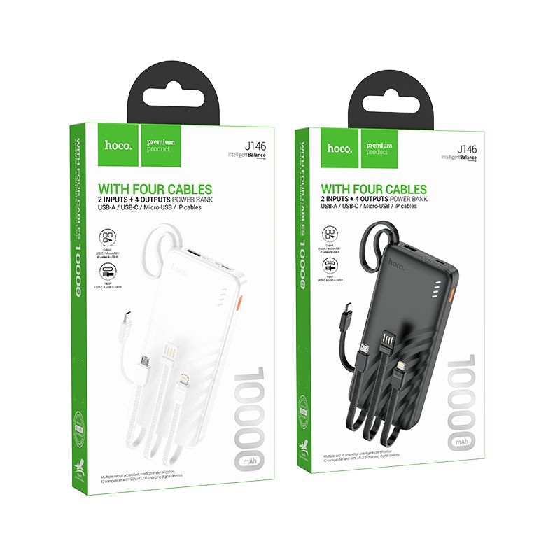 Powerbank Hoco 10000 mAh 2A with four built-in cables USB A + USB C+ Lightning + Micro USB J146 black