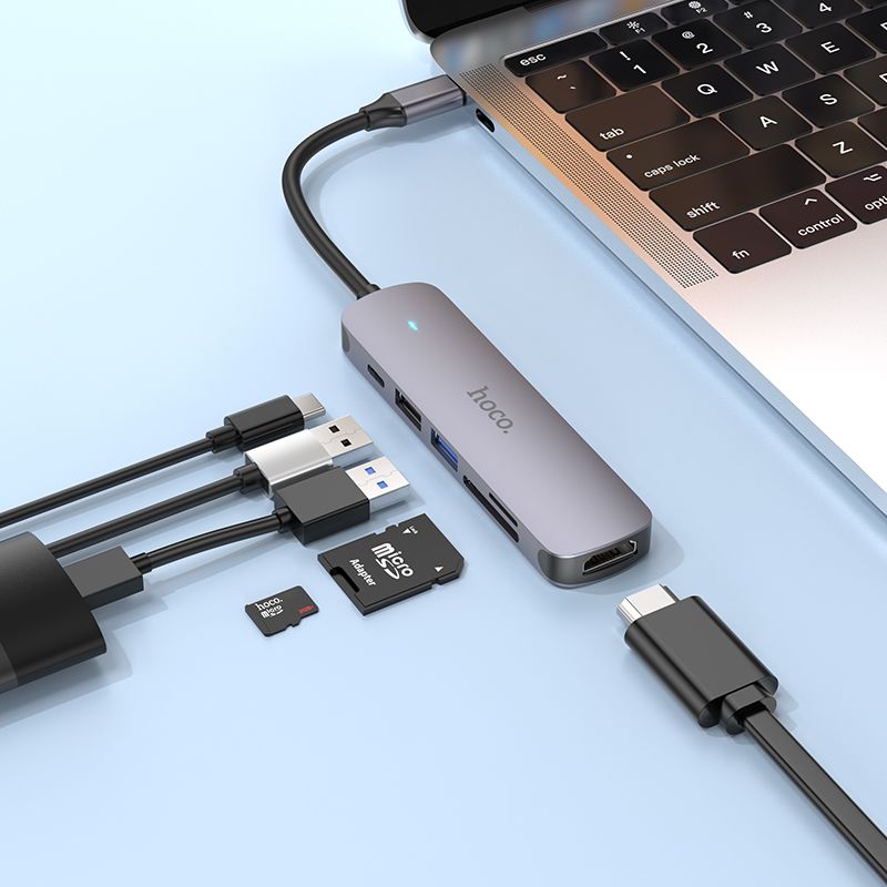 Adapter HUB 6in1 (HDTV+USB 3.0+USB 2.0+SD+TF+PD) USB-C Hoco HB28 black