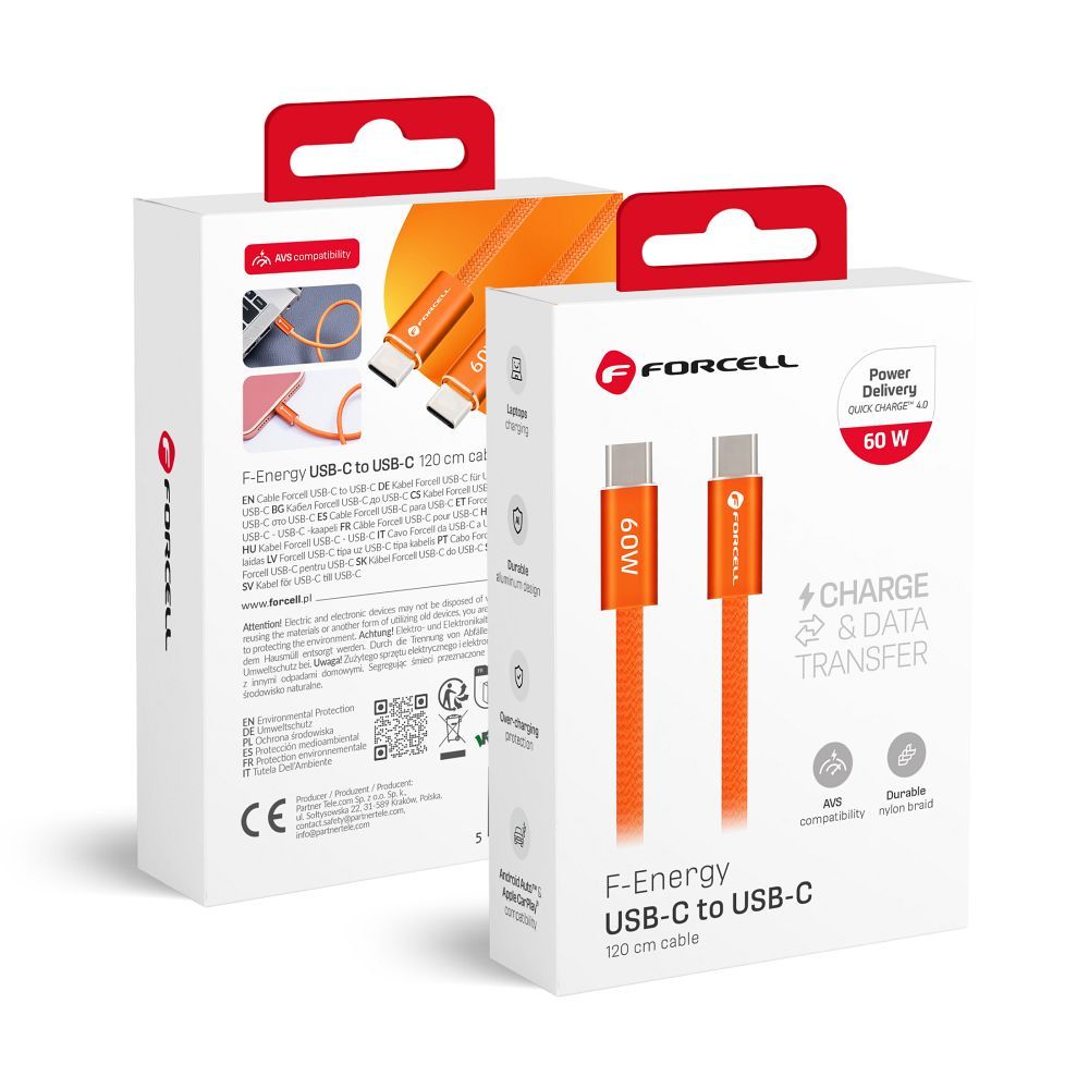Kabel USB C - USB C Forcell F-Energy QC4.0 PD 3A 60W Cafule Color 1.2 m ACYH23 narancs