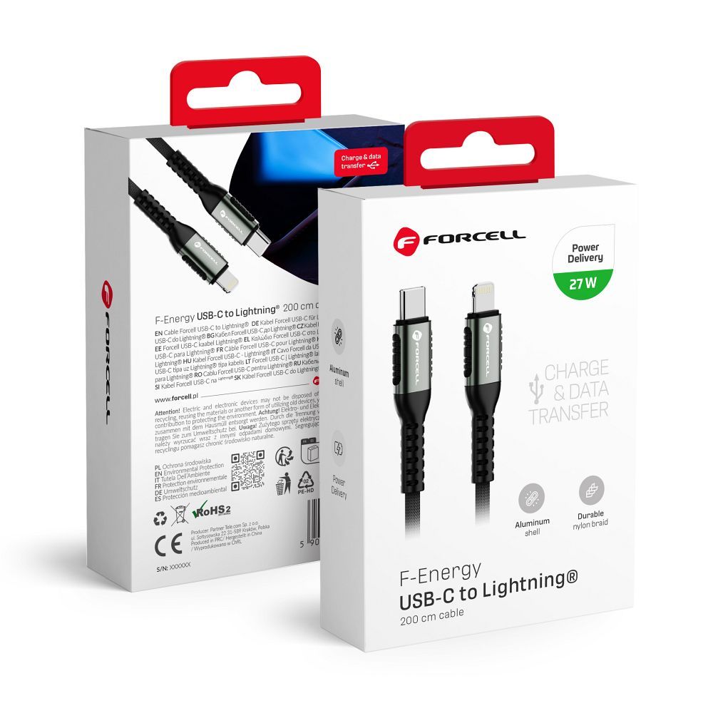 Forcell F-Energy Cafule kábel USB C - Lightning PD 3A 27W 2m C259 fekete