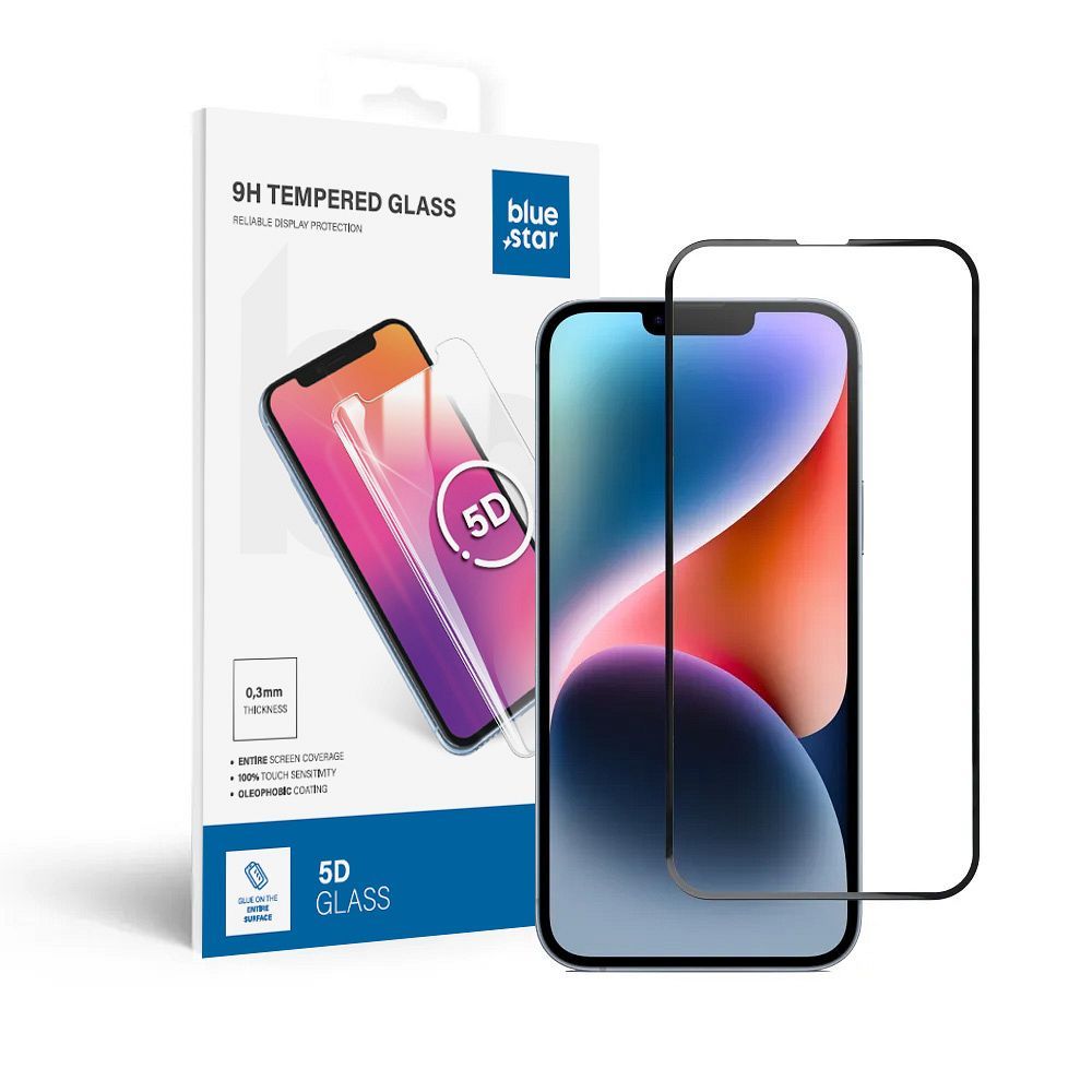 Edzett üveg Blue Star – APP iPhone 13 Pro Max/14 Plus 5D teljes felületű védőfólia, fekete