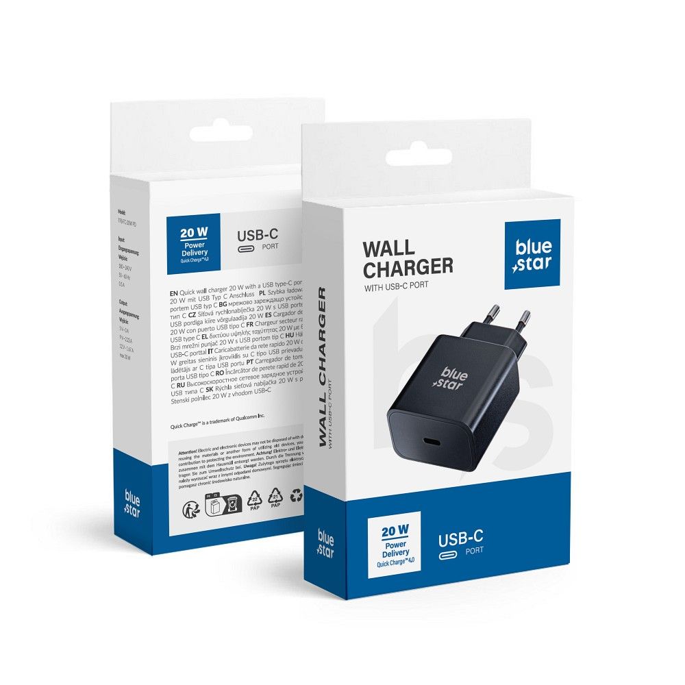 Blue Star USB-C QC3.0 PD 3A 20W TFB-TC-20WPD telefon-töltő, fekete