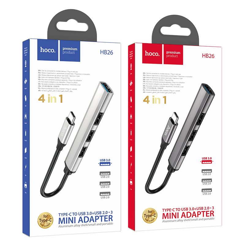 Adapter HUB 4w1 (USB 3.0+USB 2.0 x 3) USB-A Hoco HB26 szary