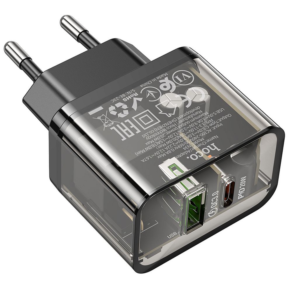 Hoco USB-A + USB-C QC3.0 PD 3A 20W N34 átlátszó telefon-töltő