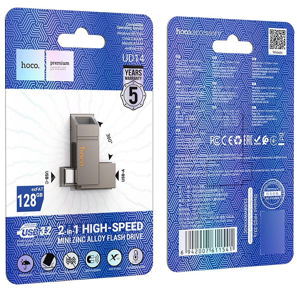 Pendrive 64GB USB 3.2 (USB A + USB C) Hoco UD14 szary