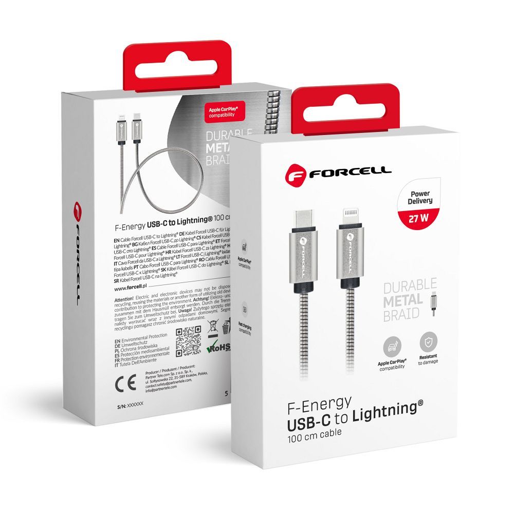 Forcell F-Energy PD 3A 27W fém USB-C–Lightning kábel, 1 m, C238, ezüst