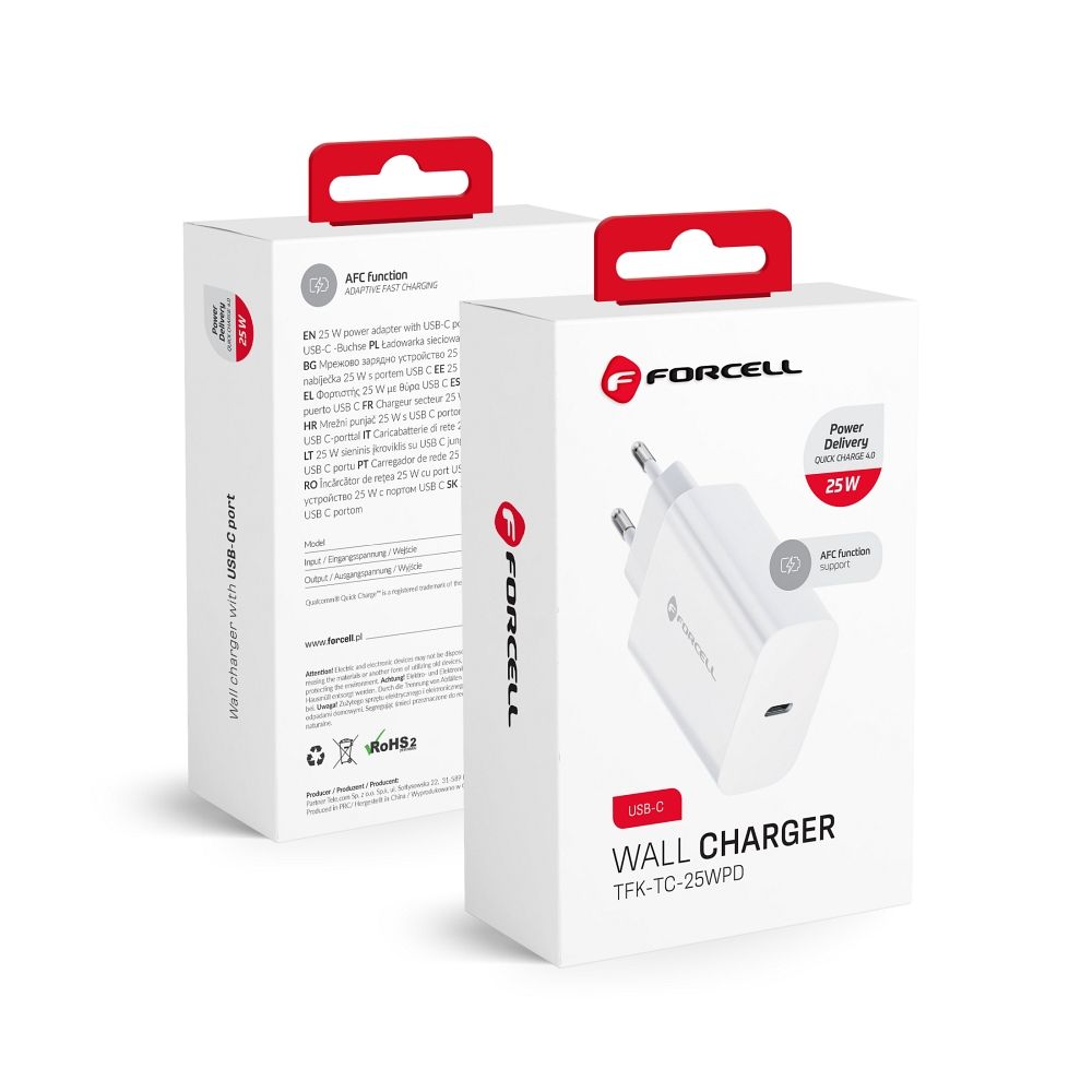 FORCELL F-ENERGY TFK-TC-25WPD utazó töltő, Type-C, PD, QC4.0, 3 A, 25 W, fehér