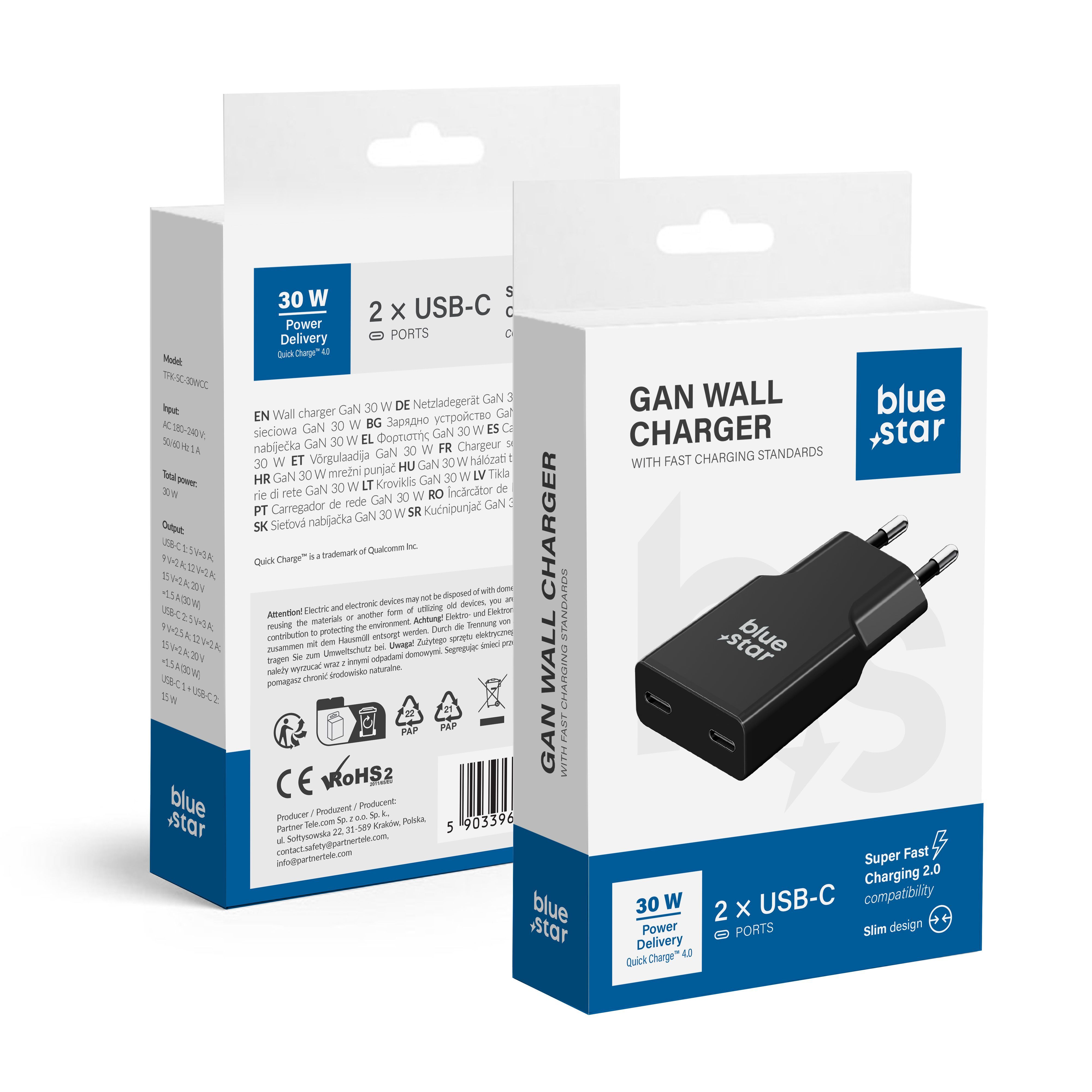 Halozati tolto Blue Star Slim GaN 2x USB C QC4.0 PD 3A 30W TFK-SC-30WCC fekete