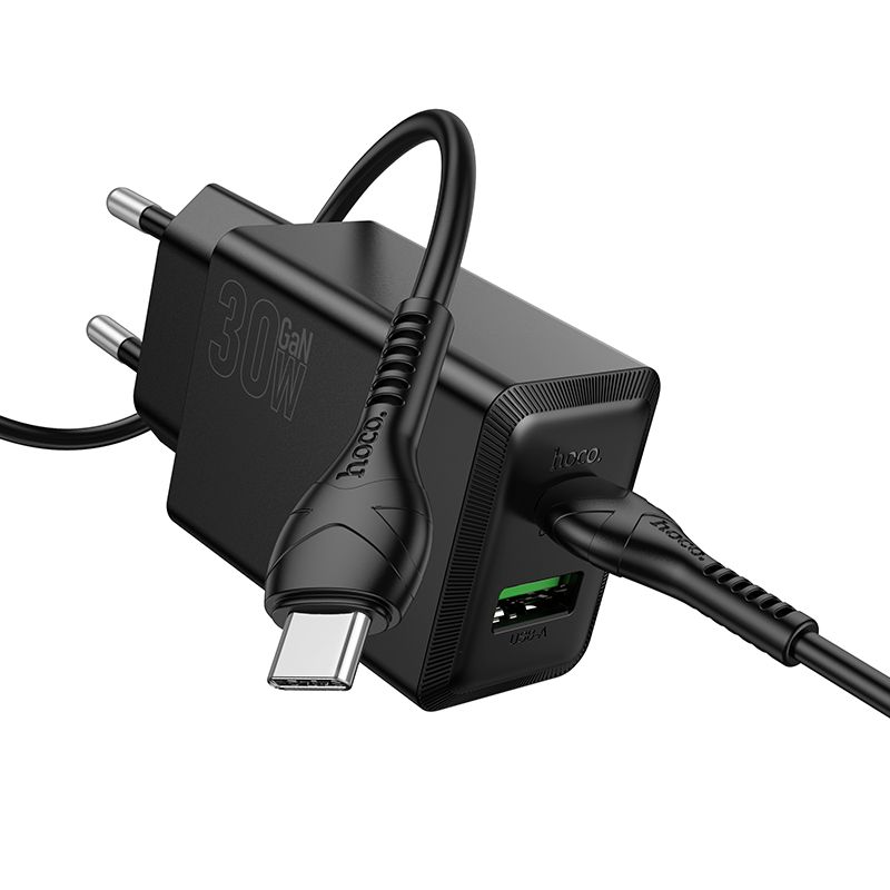 Phone charger Hoco USB A + USB C QC3.0 PD AFC 3A 30W + cable USB C to USB C N71 black