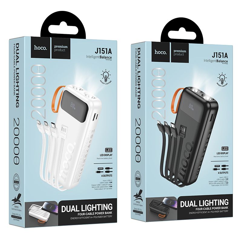 Powerbank Hoco 20000 mAh 2A with built-in cables USB A + USB C+ Lightning + Micro USB and double light J151A black