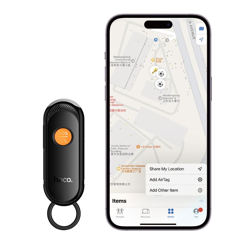 Az Apple „Find My” alkalmazással kompatibilis, zseblámpával ellátott Hoco E99 helymeghatározó, fekete