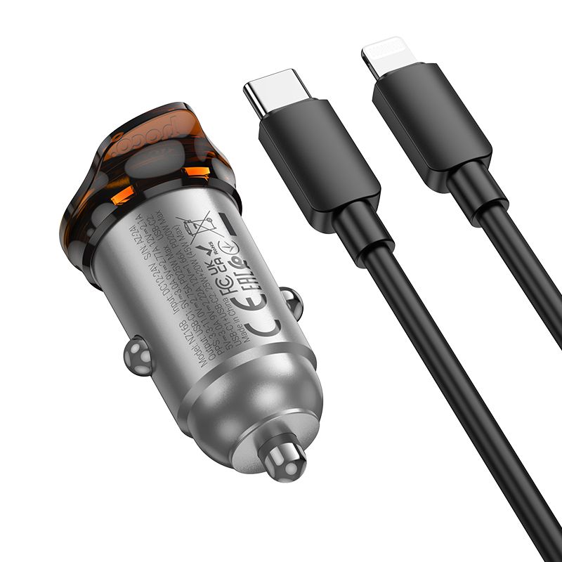 Car charger Hoco 2 x USB C QC PD 45W + cable USB C to Lightning NZ16B metal gray
