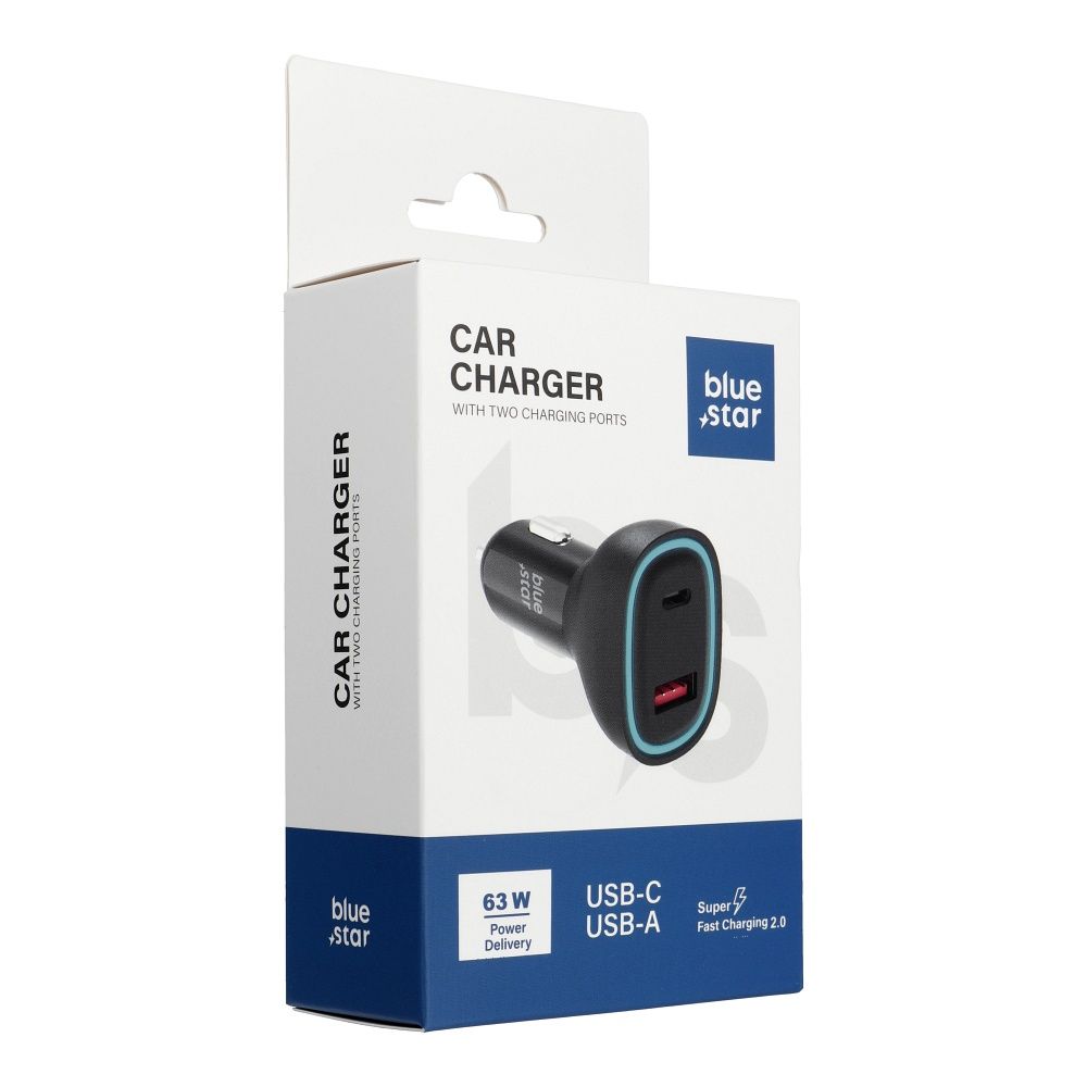 BLUE STAR autós töltő 3A 63W Type C + USB A PD QC3.0 AFC PPS SFC2.0 fekete