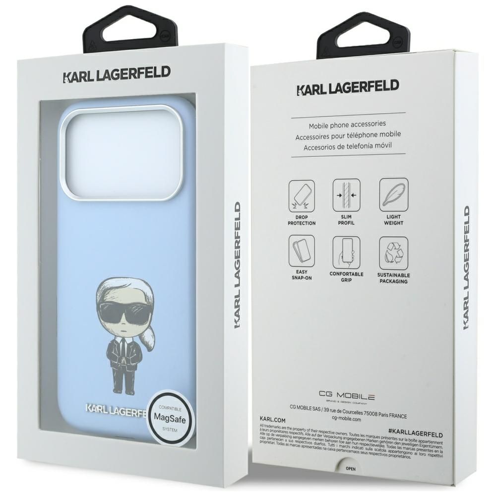 KARL LAGERFELD case for IPHONE 18 Pro/ 17 Pro compatible with MagSafe (Smooth Ikonik Sketch) light blue