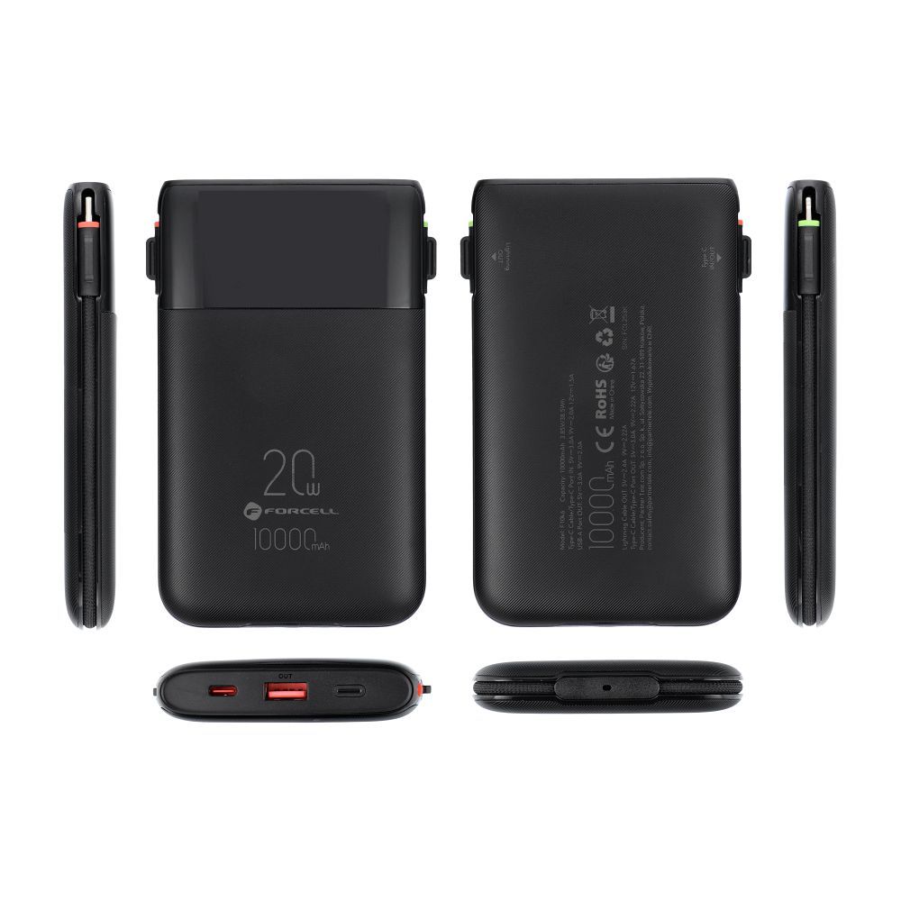 FORCELL F-ENERGY F10K6 Multicharge powerbank with built-in cables Type C and Lightning PD QC3.0 3A 22,5W 10000 mAh black