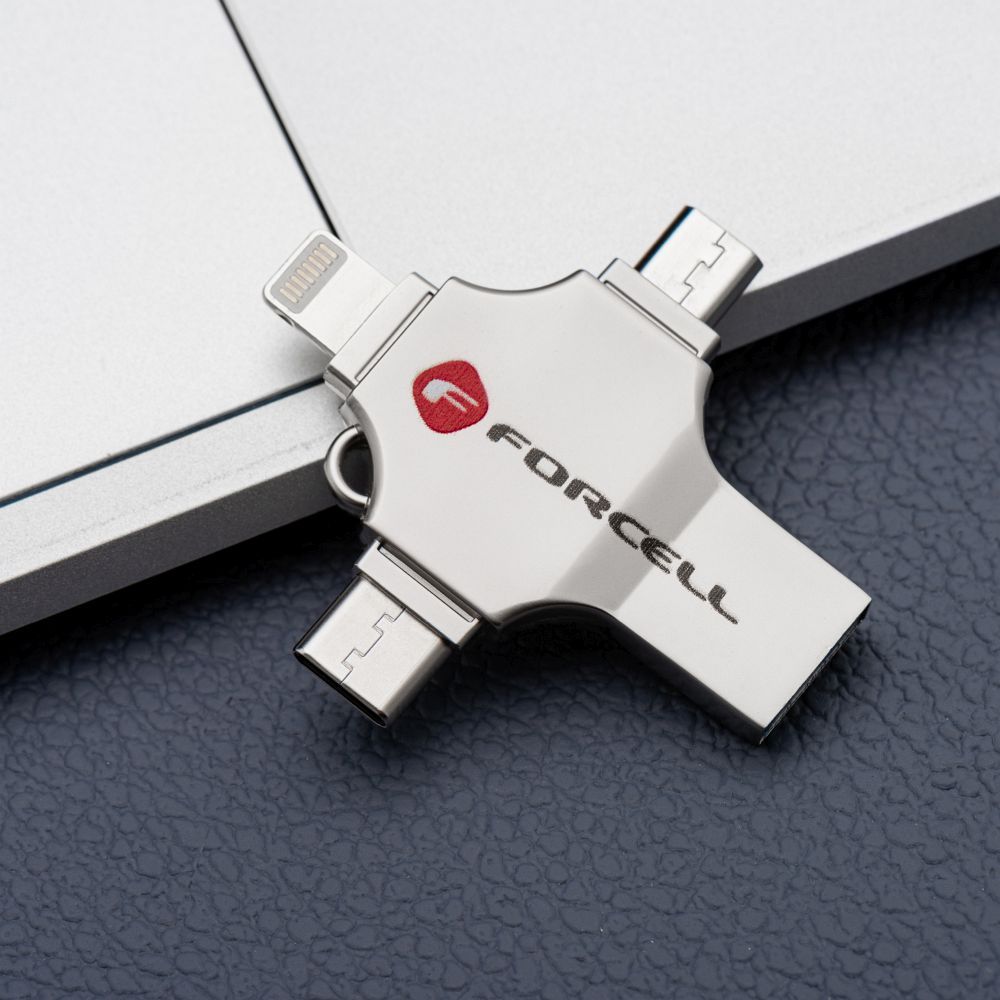 Pendrive 64GB USB 3.2 Gen 1 (USB A / USB C / Lightning / Micro USB) Forcell F-Data Metal Quad silver