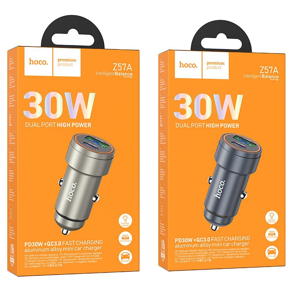 Car charger Hoco USB A + USB C PD QC3.0 3A 30W Z57A metal gray