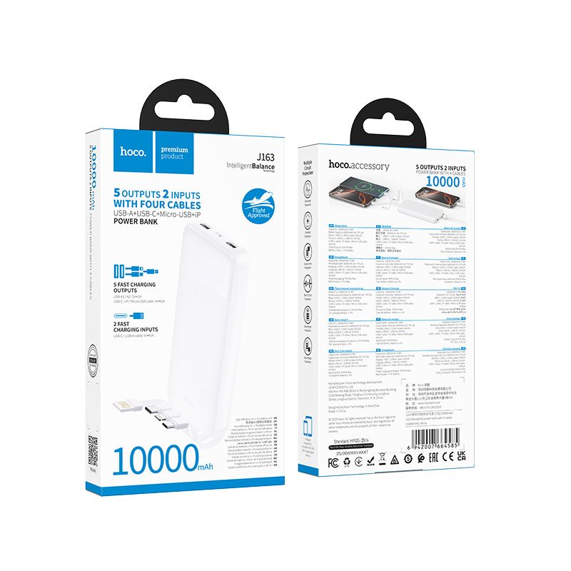 Powerbank Hoco 10000 mAh 2A with four built-in cables USB A + USB C+ Lightning + Micro USB J163 white