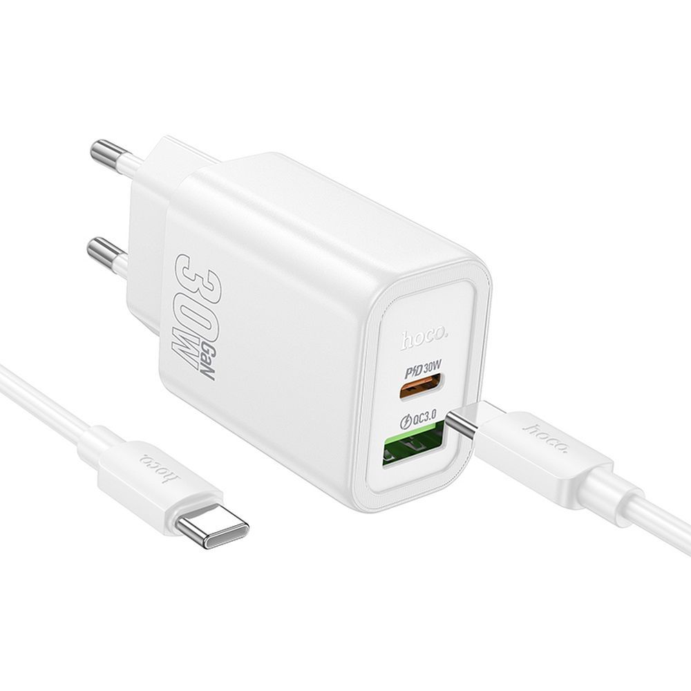 Phone charger Hoco USB A + USB C QC3.0 PD 3A 30W + cable USB C to USB C N63 white