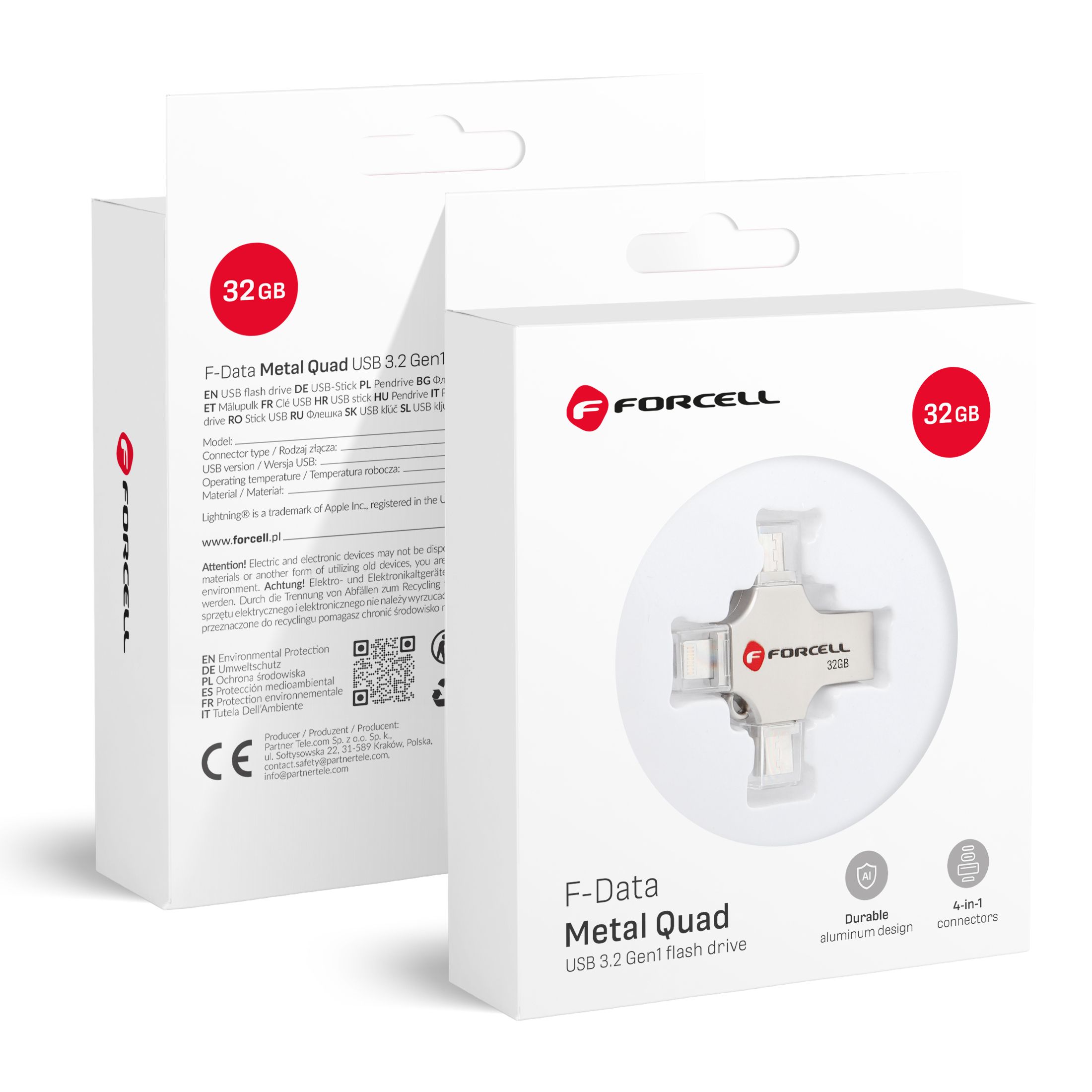 Pendrive 32GB USB 3.2 Gen 1 (USB A / USB C / Lightning / Micro USB) Forcell F-Data Metal Quad silver