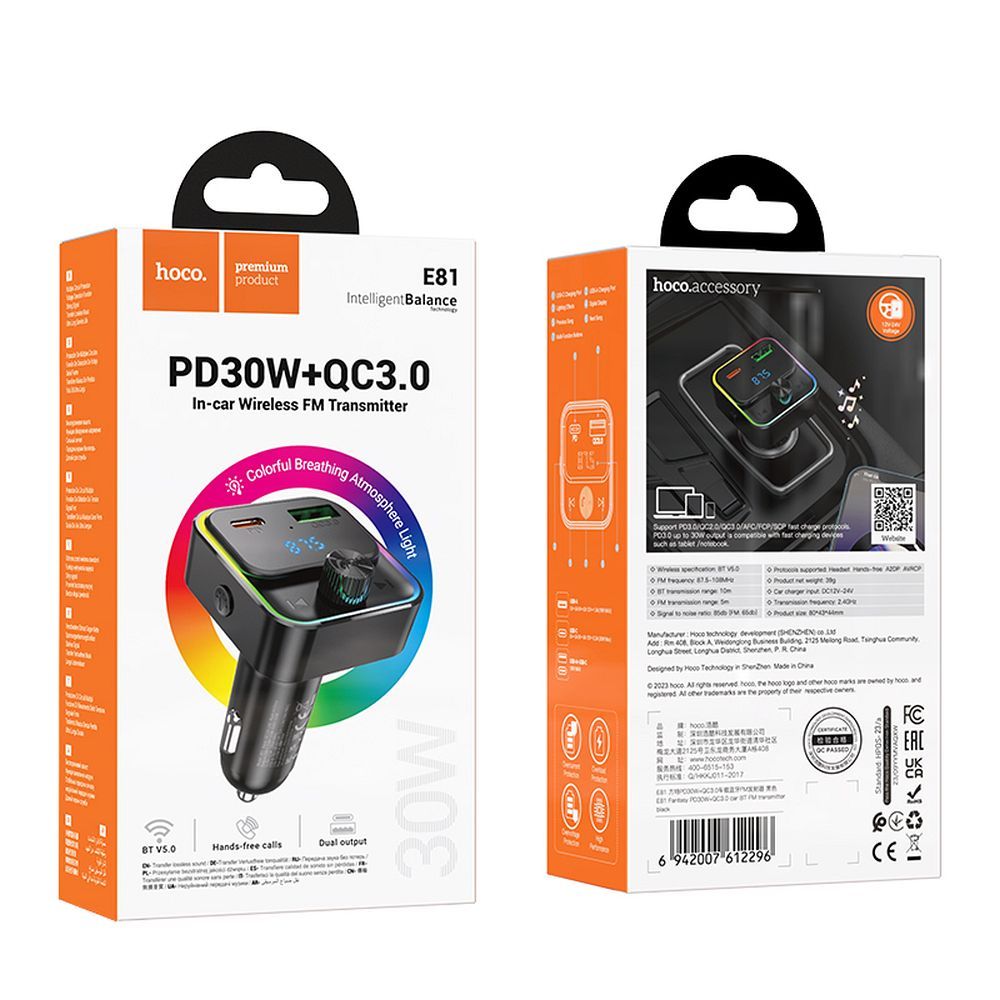 Car charger Hoco QC3.0 PD 30W with transmitter FM E81 black