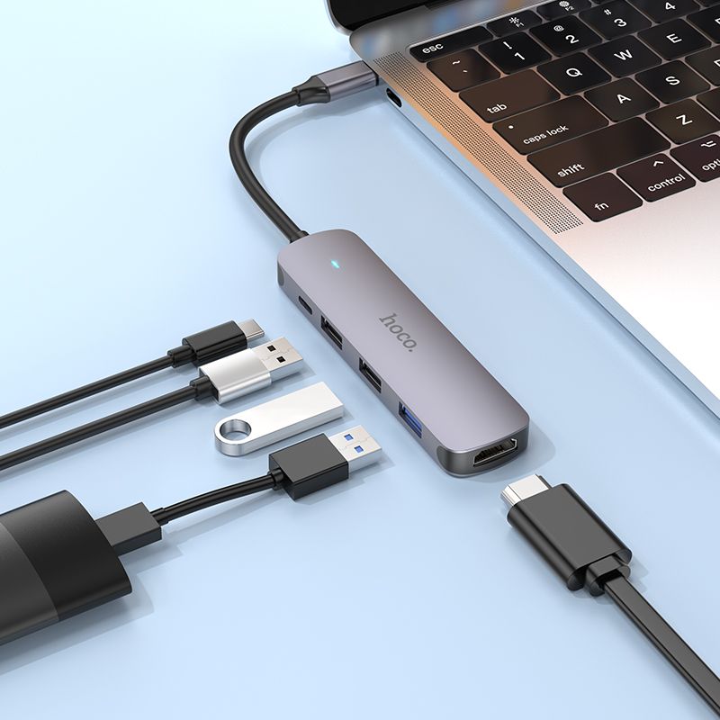 Adapter HUB 5in1 (HDTV+USB 3.0+USB 2.0 x 2+PD) USB-C Hoco HB27 grey