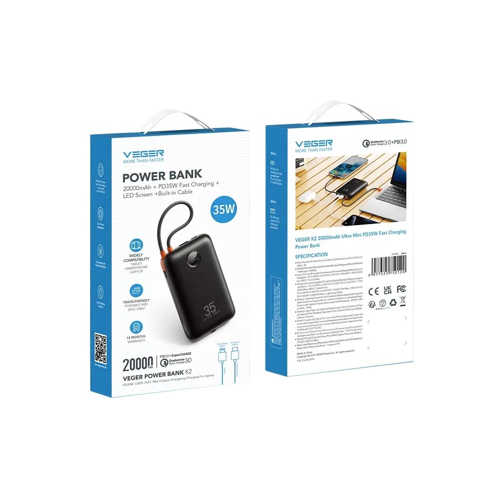 Powerbank Veger K2 (W2068) PD QC3.0 35W 20000 mAh with built-in Type C cables / Lightning black