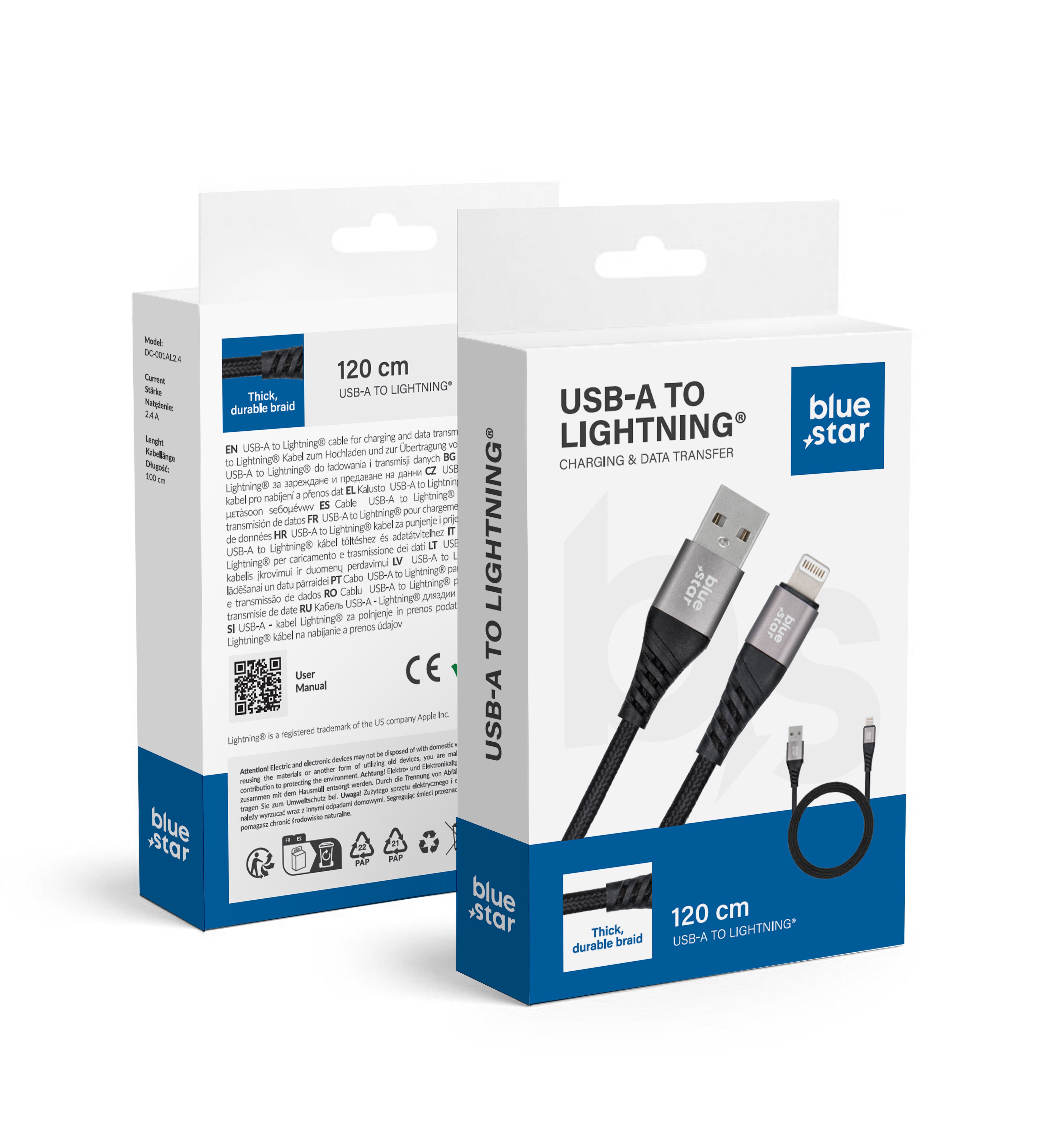 Kábel USB A - Lightning Blue Star 2.4A fonott 1.2 m TFK-DC-003 fekete