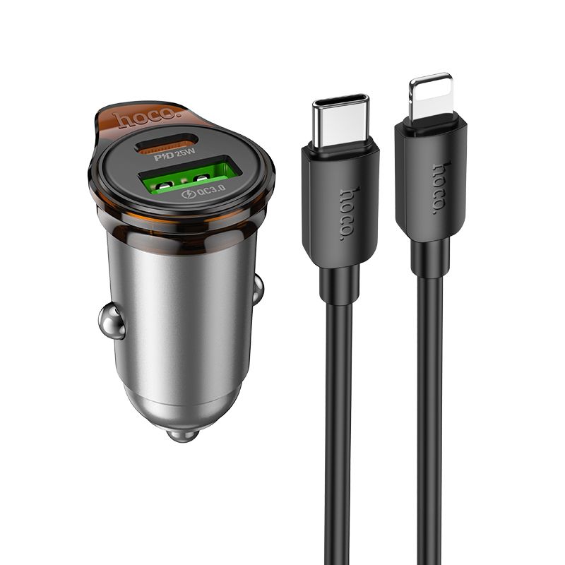Car charger Hoco USB A + USB C QC3.0 PD 3A 43W + cable USB C to Lightning NZ16A metal gray