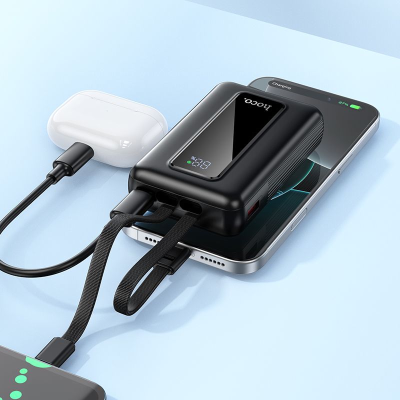 Powerbank 10000 mAh QC PD 22,5W with built-in cables USB C+ Lightning Hoco J162 black