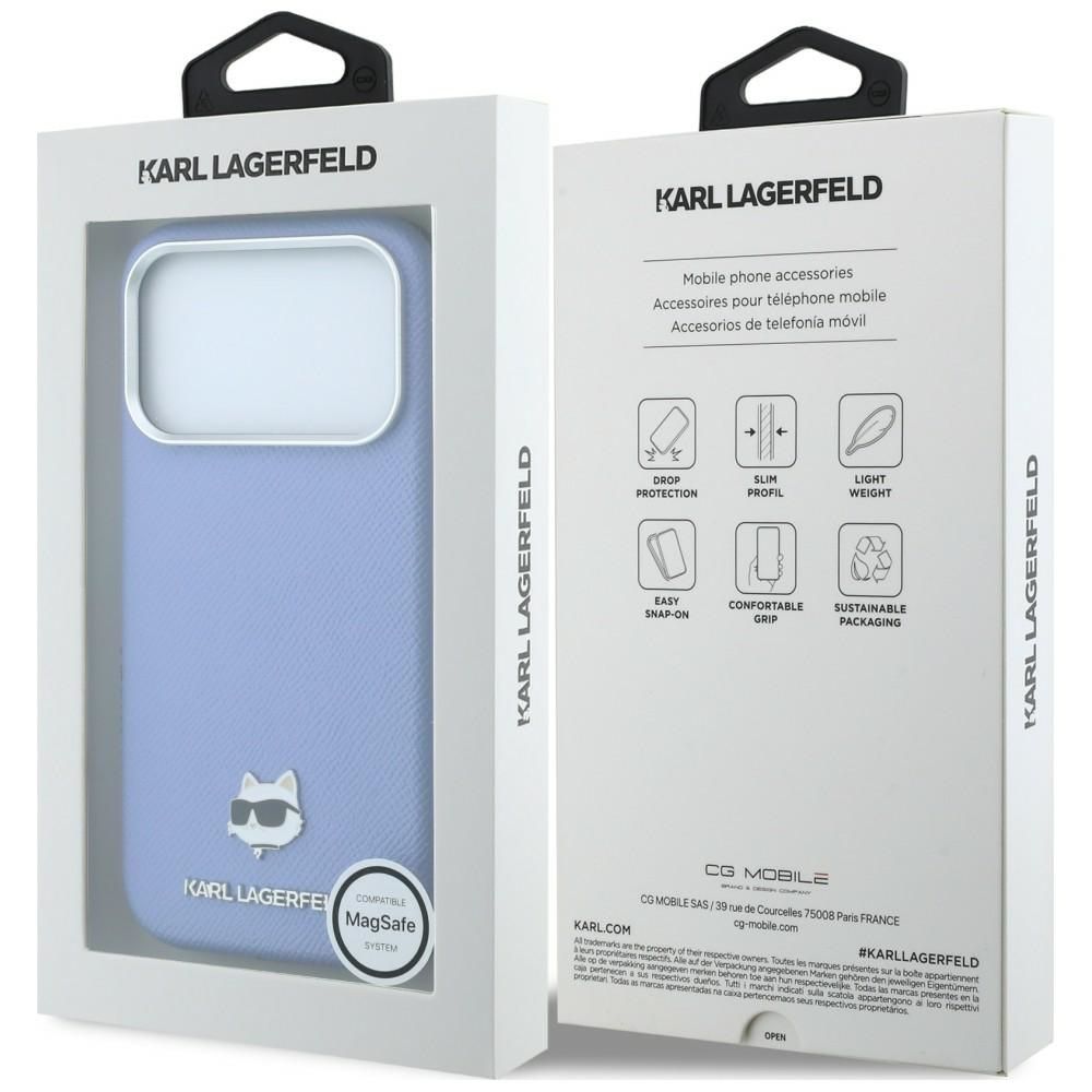 KARL LAGERFELD case for IPHONE 18 Pro Max/ 17 Pro Max compatible with MagSafe (Grained Choupette Head Metal) light blue