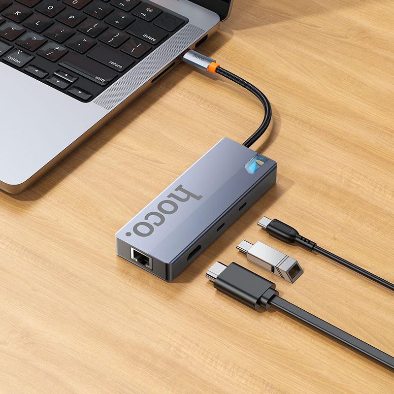 Adapter HUB 8w1 (HDTV+RJ45+SD/TF+PD+Type-C 3.0+USB 3.0 x 2) USB-C Hoco HB52 grey