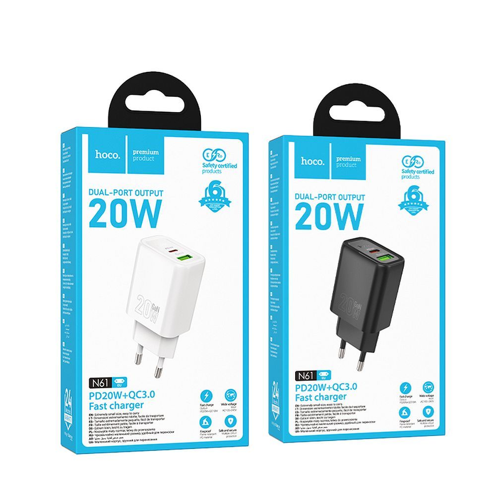 Phone charger Hoco USB A + USB C QC3.0 PD 3A 20W N61 white
